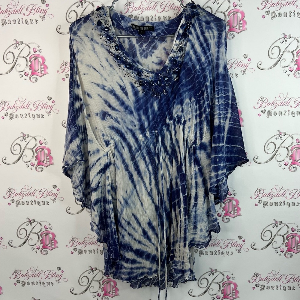 Lafayette 148 New York coverup dress beaded 100% silk Navy Tie-Dye Blouse
